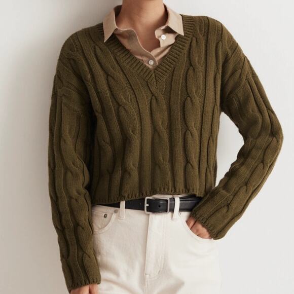 Madewell Sweaters - Madewell Cable Knit V Neck Crop Sweater Olive Green Loden Holiday Cabincore XL